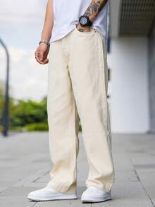 QuarKem Men Slant Pocket Loose Fit Jeans Plain Long Washed Baggy Cargo Light For Husband, Boyfriend Gifts Hang Urban Commute Vacation - Apricot - View 6