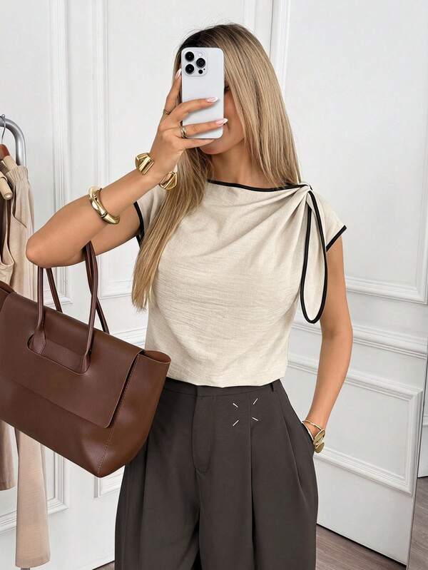Easowa Women's Shoulder Tie Bow Contrast Trim Sleeveless Blouse, Faux Linen Fabric, Elegant Teachers' Day Spring Summer Shirt Holiday Office Work