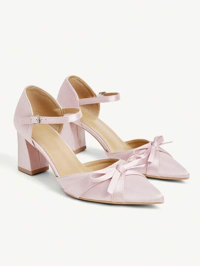 CUCCOO CHICEST Pink Satin Thick Heel Pointed Bow Strap Women's High Heels
