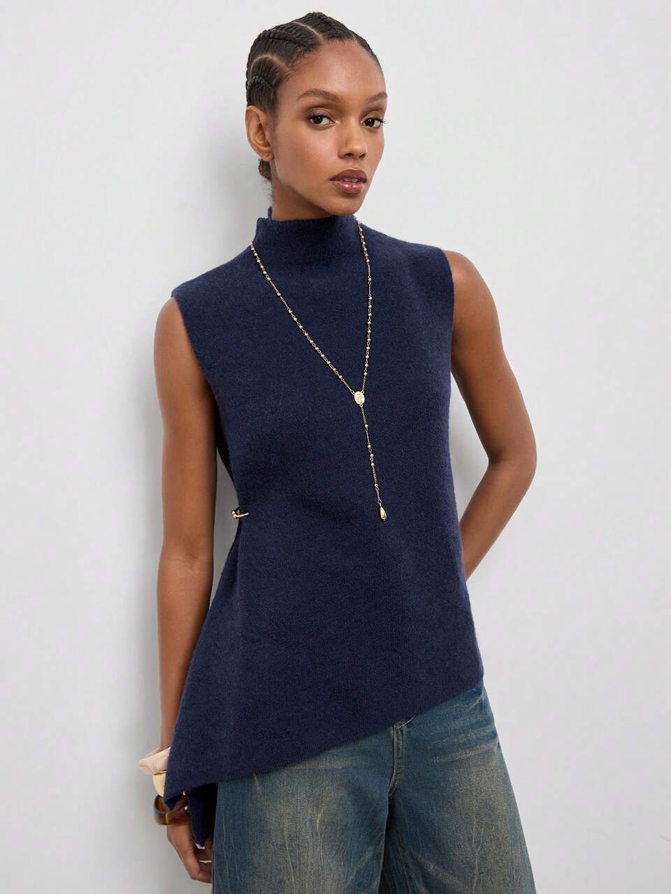 SHEIN Maija Navy Blue Women's Sleeveless Mock Neck Sweater With Side Seam Metal Decoration Travel Vacation Summer Elegant Minimalist