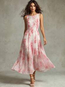 SHEIN Franclia 新款夏季粉色中长连衣裙，女士夏季服装，女士夏季连衣裙，女士优雅派对连衣裙，女士派对礼服，派对服装，优雅服装，休闲服装，女士粉色连衣裙，女士无袖粉色连衣裙，婚礼宾客连衣裙，粉色中长连衣裙，女士粉色雪纺中长连衣裙，女士度假连衣裙，女士休闲连衣裙，女士沙滩装，女士粉色沙滩连衣裙，女士飘逸粉色连衣裙 - 粉色 - 查看 1