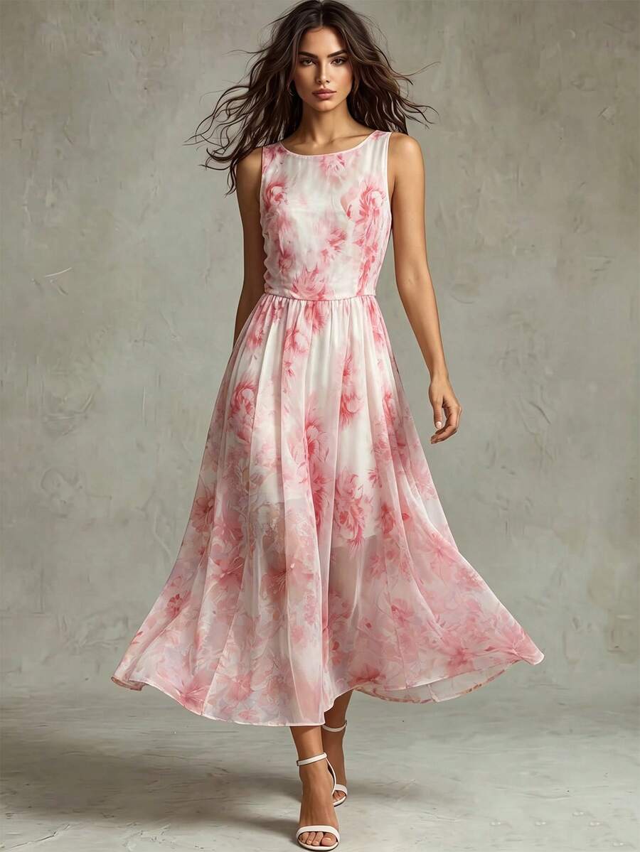 SHEIN Franclia 新款夏季粉色中长连衣裙,女士夏季服装,女士夏季连衣裙,女士优雅派对连衣裙,女士派对礼服,派对服装,优雅服装,休闲服装,女士粉色连衣裙,女士无袖粉色连衣裙,婚礼宾客连衣裙,粉色中长连衣裙,女士粉色雪纺中长连衣裙,女士度假连衣裙,女士休闲连衣裙,女士沙滩装,女士粉色沙滩连衣裙,女士飘逸粉色连衣裙 - 粉色 - 查看 1