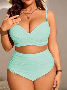 SHEIN Swim Curve Plus Size Women 2pcs Solid Color Gather Spaghetti Strap Tankini Swimwear Set, Fashionable & Minimalist For Vacation - Mint Green - View 6