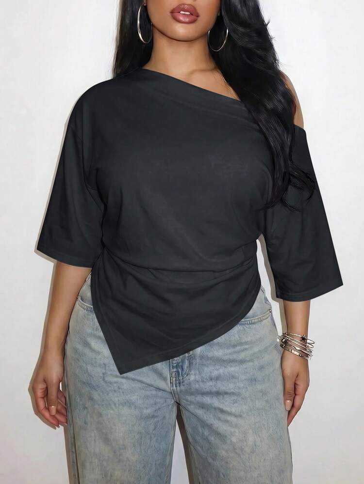 Slaydiva Spring/Summer Women's Plus Size Asymmetrical Hem Ruched Asymmetrical Shoulder T-Shirt, Graduation Season Beach - Dark Grey - View 9
