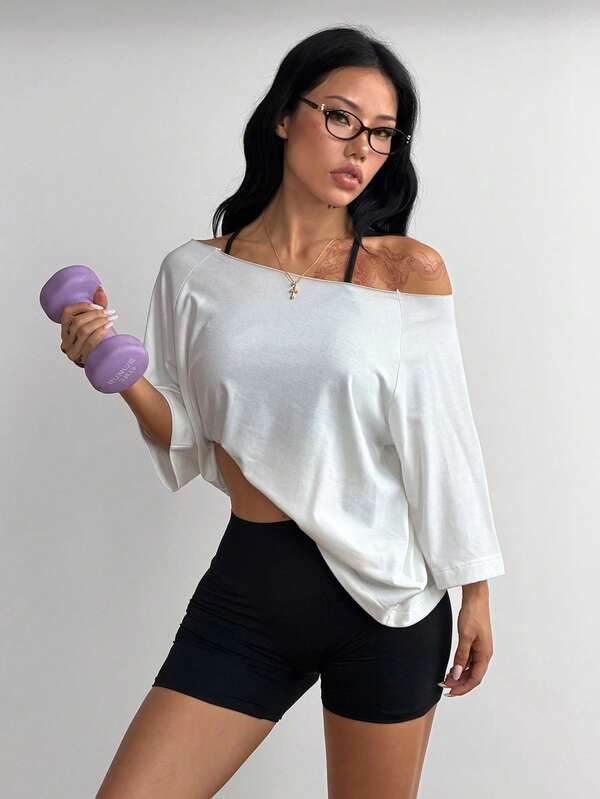 Coolane Women's Streetwear Sport Comfortable White Off The Shoulder Smock T-Shirt