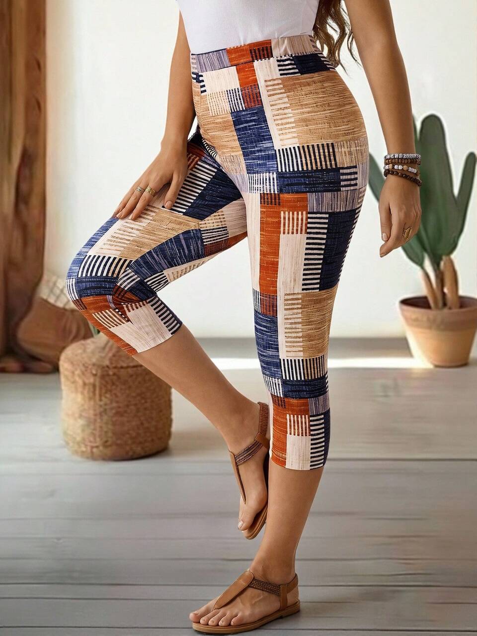 Plus Size Vacation Casual Traditional Colorblock Print Leggings Beach Vacation Vacation Vacation Vacation Navy Blue Summer