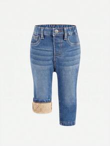 SHEIN بنطلون جينز أزرق داكن مرن ضيق مبطن حراري للبنات الصغيرات خريف وشتاء - أزرق متوسط - مشاهدة 7