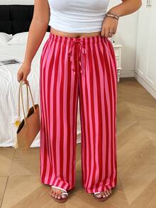 SHEIN EZwear 大尺碼休閒波西米亞風紅白配色長褲，適合度假、秋季穿著 - 彩色 - 查看 6