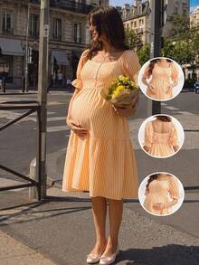 SHEIN 孕婦洋裝，荷葉邊飾邊、燈籠短袖、方領、前開鈕扣、花朵鈕扣、A字裙擺、黃色條紋數位印花 - 黃色 - 查看 9