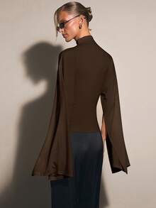 COSMINA Women's Solid Color Stand Collar Split Sleeve Fitted Elegant Blouse - Coffee Brown - View 3