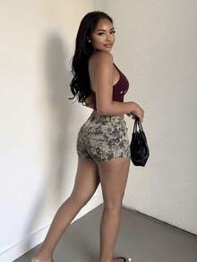 Alexandranx Leopard Print Botanical Pattern Low-Waist Denim Shorts, Street Style Casual Graphic Everyday Grey Summer Brown - Brown - View 5