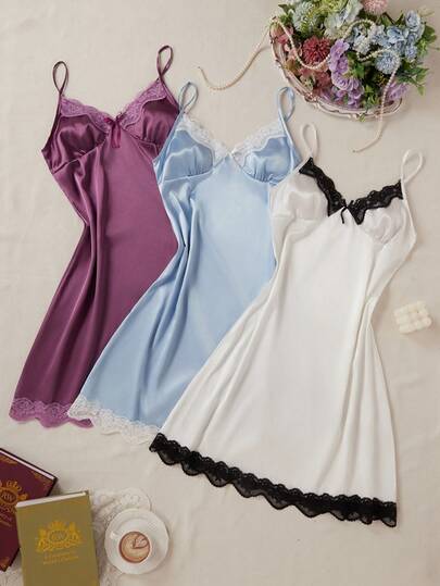 SilkySpell 3 pièces/set Nuisette en satin de couleur unie avec bordure en dentelle, ensemble sexy