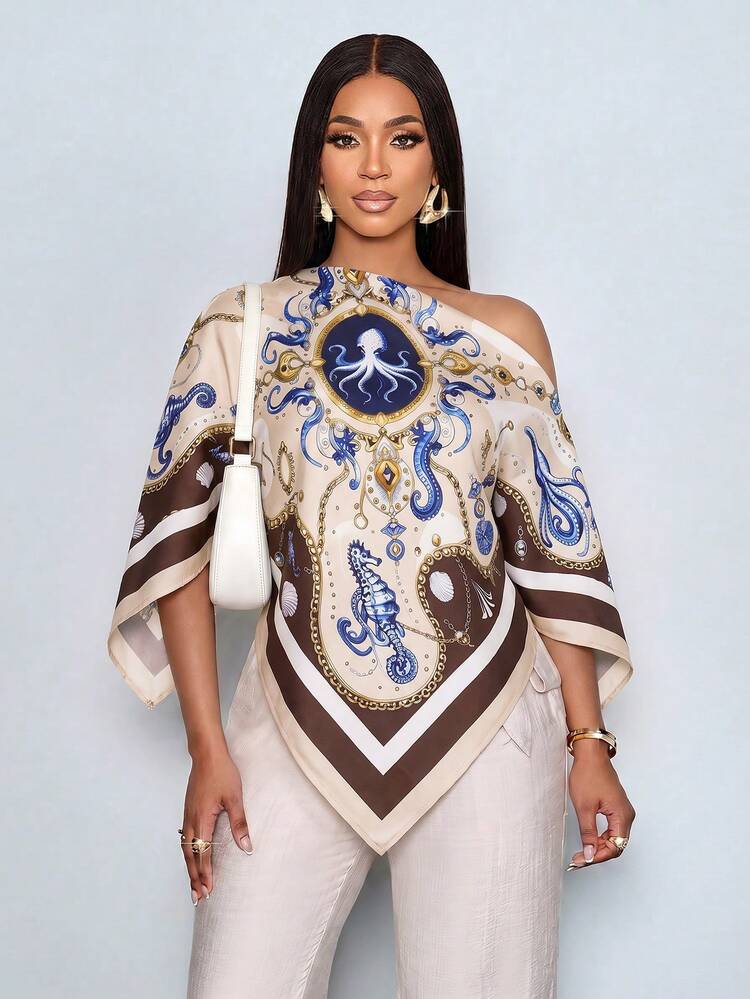 SOLERSUN 女款春夏海洋印花休閒優雅不對稱領長袖不對稱下擺襯衫 時尚復古日落度假風 - 黃色 - 查看 3