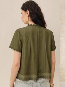 Arave Women's Elegant Bohemian Style Linen Fabric Patchwork Lace Design White Blouse, Women's Blouse, Apricot, Contains Linen Viscose Fabric, Hollow Embroidery, Women's Blouse, Round Neck, Short Sleeve, Loose Fit, Casual Wear - Green - View 2