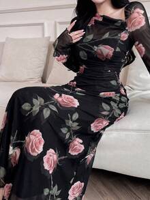 Feyla 女款花卉印花不對稱領口荷葉邊優雅長款晚禮服 - 黑色 - 查看 3