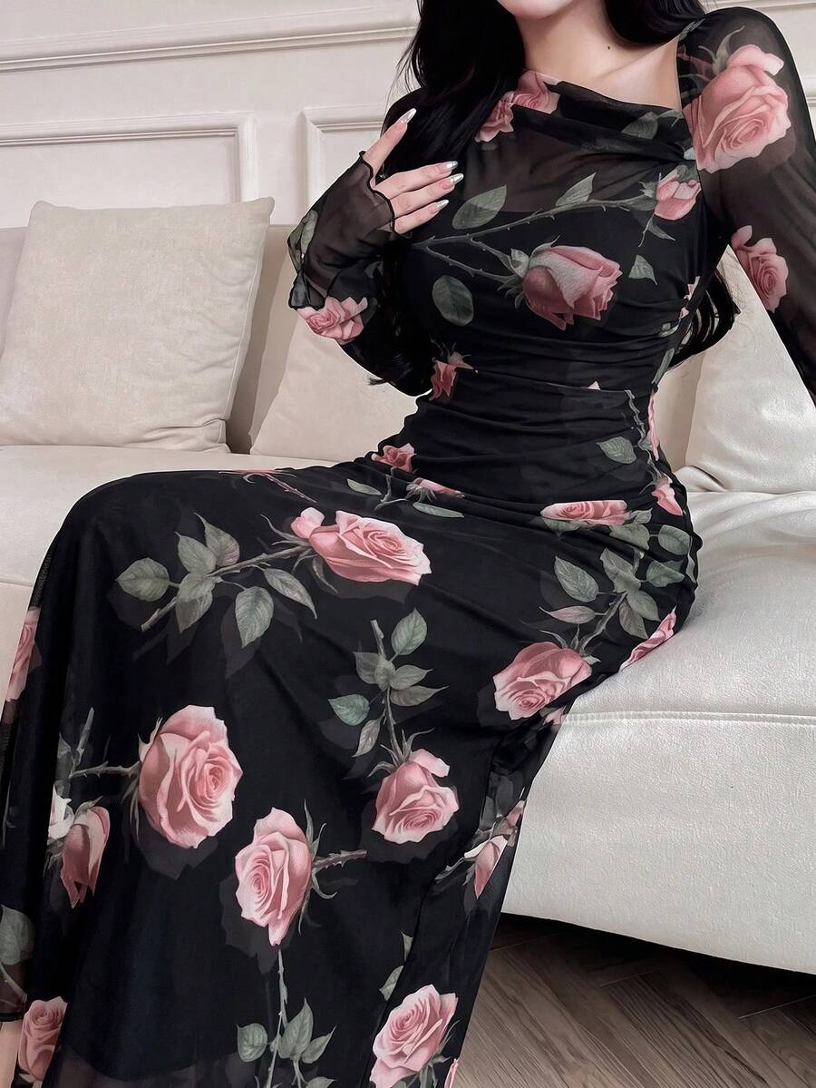 Feyla فستان نسائي بطبعة زهور وياقة غير متماثلة مع كشكشة أنيق ورومانسي فساتين سهرة طويلة فساتين عشاء وكوكتيل أسود ووردي خريف - الأسود - مشاهدة 1