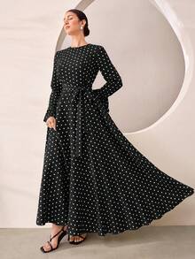 Graceveil Elegant Decent Casual Polka Dot Round Neck Flare Sleeve Cinched Cinched Waist Full Skirt Dress Formal Office Autumn - Black and White - View 1