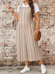 EMERY ROSE Plus Size Autumn Casual Striped Jumpsuit Beach Bussines Vacation Bussines Vacation Bussines Vacation Beige Fall - Multicolor - View 11