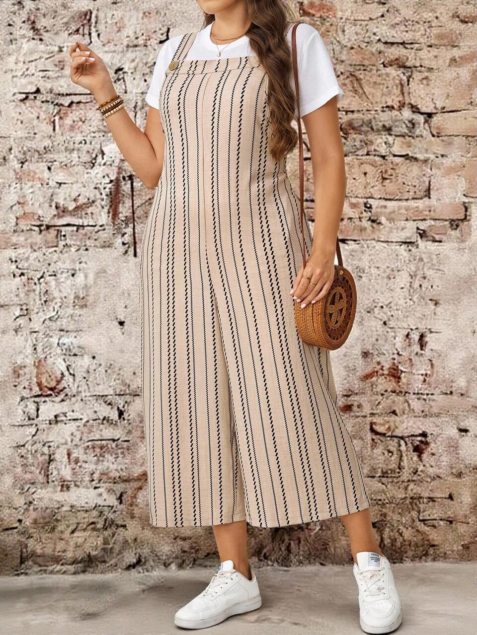 Plus Size Autumn Casual Traditional Striped Jumpsuit Beach Vacation Vacation Bussines Vacation Bussines Vacation Bussines Vacation Beige Fall