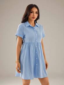 SHEIN PETITE 女款休閒舒適純色單排扣短洋裝，鈕扣開襟襯衫洋裝，度假風/波希米亞風，商務休閒，適合嬌小女性 - 藍色 - 查看 5