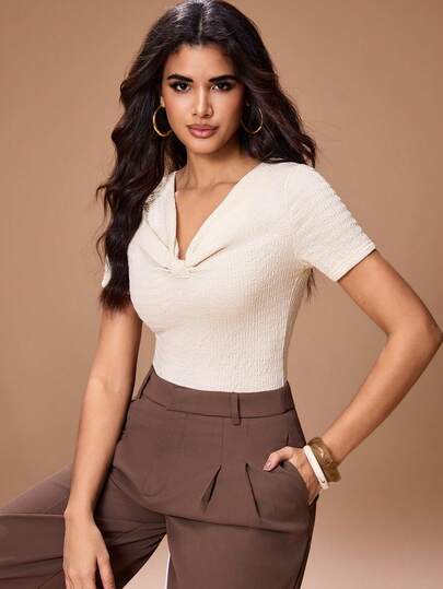 Glamance Apricot V-Neck Twist Knit Jacquard Short Sleeve High Elastic Slimming T-Shirt