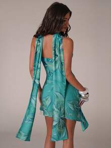 SHEIN BAE Spring/Summer Women's Casual Vacation Floral Print Woven Asymmetrical Hem Mini Dress, Beach Night Out Party, Sister Outing, Music Festival, Teal Green - Green - View 2