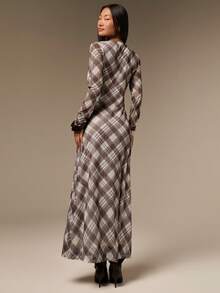 COSMINA Women's Fashion Plaid Long Dress Brunch Diner Office White And Brown Autumn Casual Vintage - Multicolor - View 2