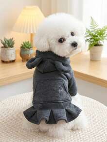 PETSIN 1pc Pet Dark Gray Hooded Pleated Skirt, A Universal Clothing For Cats And Dogs, Suitable For Casual Daily Wear In Spring And Autumn Weather, And For Outdoor Walks - Dark Grey - View 2