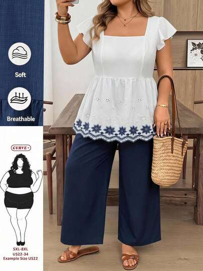 SHEIN CURVE+ Plus Size Women's Embroidered Ruffle Top And Wide Leg ...