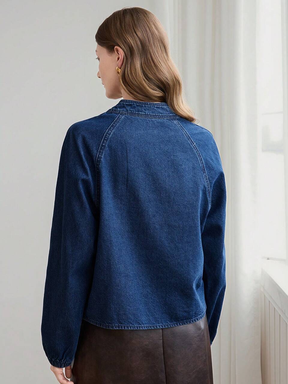 Women's Cotton Stand Collar Long Sleeve Blue Solid Color Button Ruched Waist Loose Denim Top