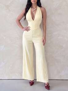 SHEIN Unity Robe élégante minimaliste pour femme à col en V, sans bretelles, avec taille nouée et jupe bouffante, tenue d'été jaune pâle pour les vacances, les congés, les occasions décontractées et les brunchs de mariage - Jaune clair - Voir 3