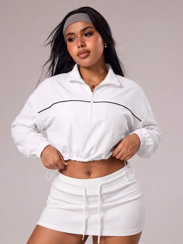 SHEIN Rhythm Era 大尺碼女款寬鬆白色半拉鍊長袖運動衛衣，對比色羅紋飾邊與抽繩下擺，梭織面料，適合休閒穿著、跑步、瑜伽、健身、網球、高爾夫，秋冬季