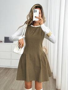 Easowa 女款格紋百褶休閒學院風優雅日常夏季迷你洋裝 教師節辦公穿搭 白色橄欖綠 - 棕色 - 查看 4