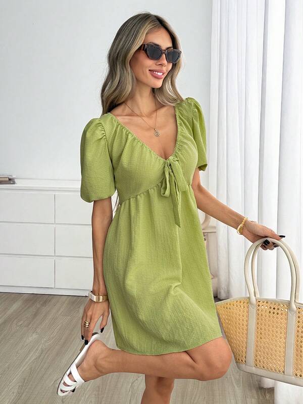 Easowa Vestido casual de verano para mujer de unicolor con cuello en V y plisado para uso diario