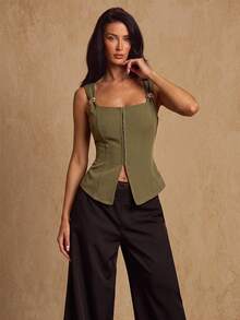 SHEIN Glamour Fashionable Minimalist French Elegant Olive Green White New Front Button Placket Sleeveless Metal Button Decor Shoulder Strap Women's Thin Blazer Vest - Army Green - View 6