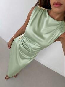 Aloruh Sage Green Satin Long Dress With Asymmetrical Shoulder Metal Decoration, Elegant Romantic Goddess Style Summer Outfits Beach Birthday Wedding Boho - Green - View 9