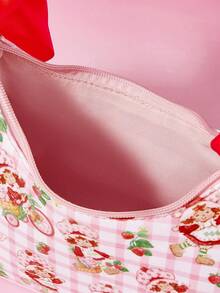 Strawberry Shortcake X SHEIN Tas Selempang Motif Gadis Stroberi dengan Tali Bergelombang & Dekorasi Pita, Tas Bahu Kotak-kotak Lucu untuk Penggunaan Sehari-hari - Berwarna merah muda - View 8