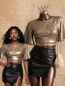 SHEIN 女士春夏休闲度假缎面挂脖荷叶边袖衬衫 - 金色 - 查看 1