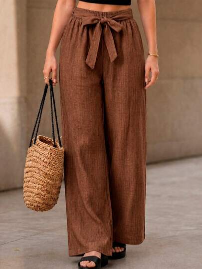 Pantalón de pierna ancha para mujer, elegante y casual. Ajuste de cintura natural y cinta de media cintura. Sin bolsillos. Textura lisa sin estampados. Interior muy fresco, ligero y cómodo.