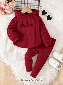 Cozy Pixies Baby Girl 2pcs Set Fashion Casual Drop Shoulder Ribbed Knit "Smile" Pattern T-Shirt And Leggings, Girls Ribbed Set, Girls Autumn Set, Girls Comfortable Set, Girls Sports Set - Burgundy - View 6