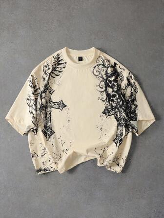 Street Life T-shirt décontracté à manches courtes col ras-du-cou imprimé croix streetwear pour hommes