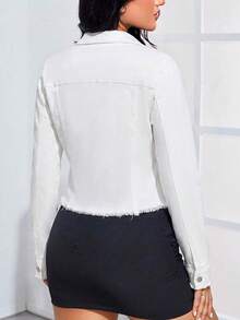 SHEIN Privé 女士纯色翻领单排扣休闲百搭日常牛仔长袖外套 - 白色 - 查看 2