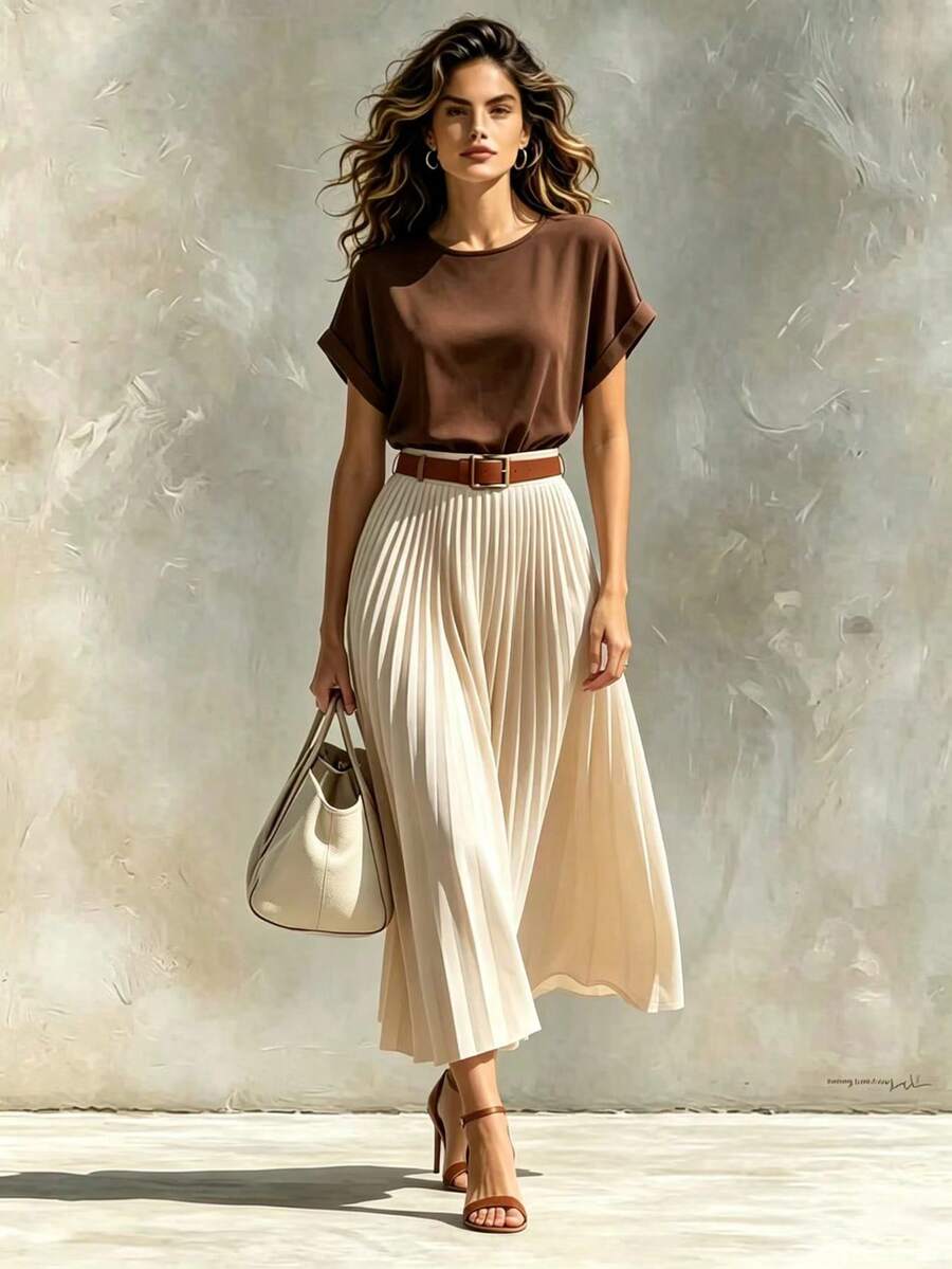 SHEIN Franclia 女款棕色T恤與卡其色百褶裙套裝,優雅時尚夏季穿搭,附腰帶A字裙,米色早午餐辦公通勤兩件式套裝 - 咖啡棕 - 查看 1