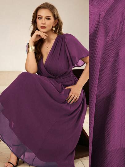 Roveilla Women's Chiffon Ruched Lined Cross Shirred Waist Twist Back Gathered Elastic Waist A-Line Flare Sleeve Short Sleeve Long Dress, Elegant French Vintage Office Commute Business Vacation Casual Street Style Minimalist Versatile Old Money Style Dress For Afternoon Tea Party Spring Summer