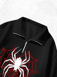 Attitoon Women's Small Floral Pattern Wide Grey Loose Half-Zip High Neck Lightweight Pullover Sweatshirt - Black - View 6