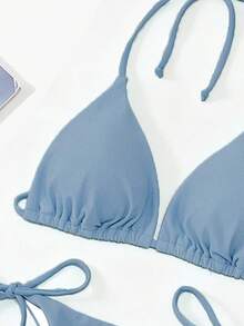 Oceva 女款純色性感繫帶比基尼兩件式泳衣套裝沙灘裝 - 霧霾藍 - 查看 4
