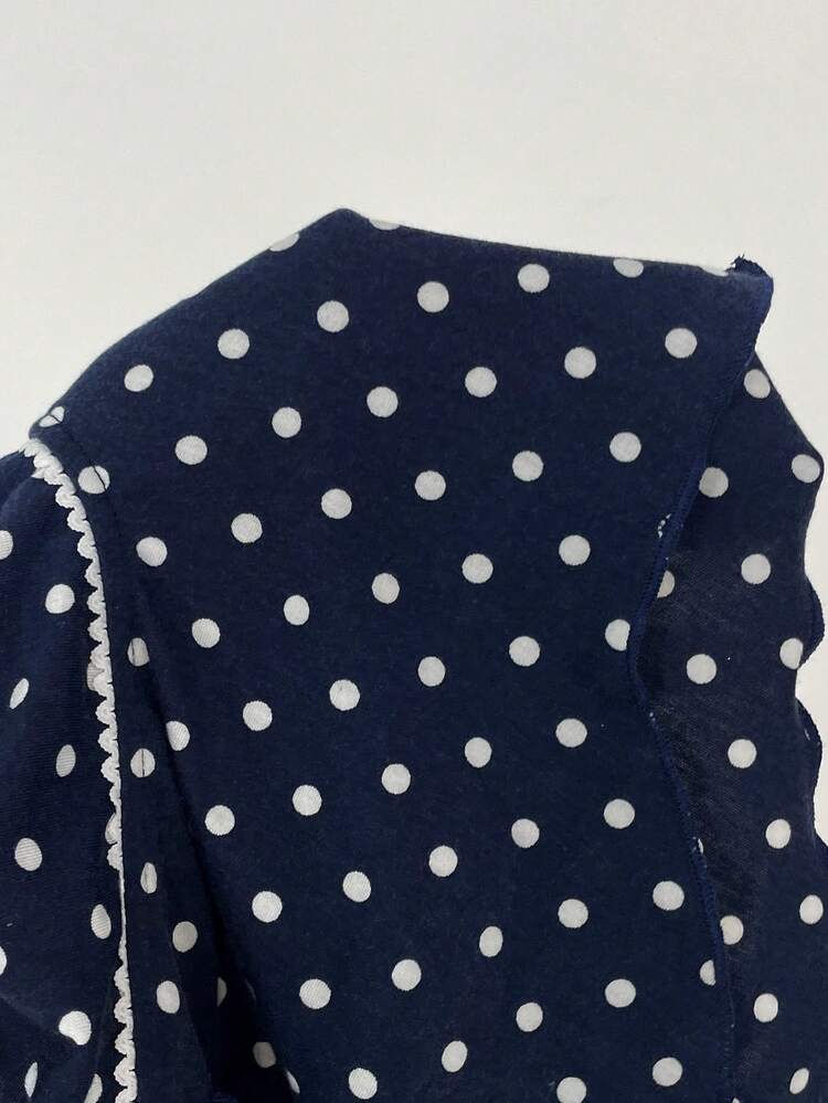 CovetEZ Women's Navy Blue Polka Dot Heart Neck Ruffle Hem Short Sleeve T-Shirt, Summer Top - Navy Blue - View 7