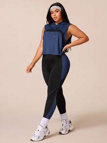 SHEIN Rhythm Era 女款運動瑜伽戶外健身運動套裝，抽繩連帽無袖寬鬆運動衫，胸前弧形拼色設計，緊身運動褲配線條與拼色對比 - 藏蓝色 - 查看 6