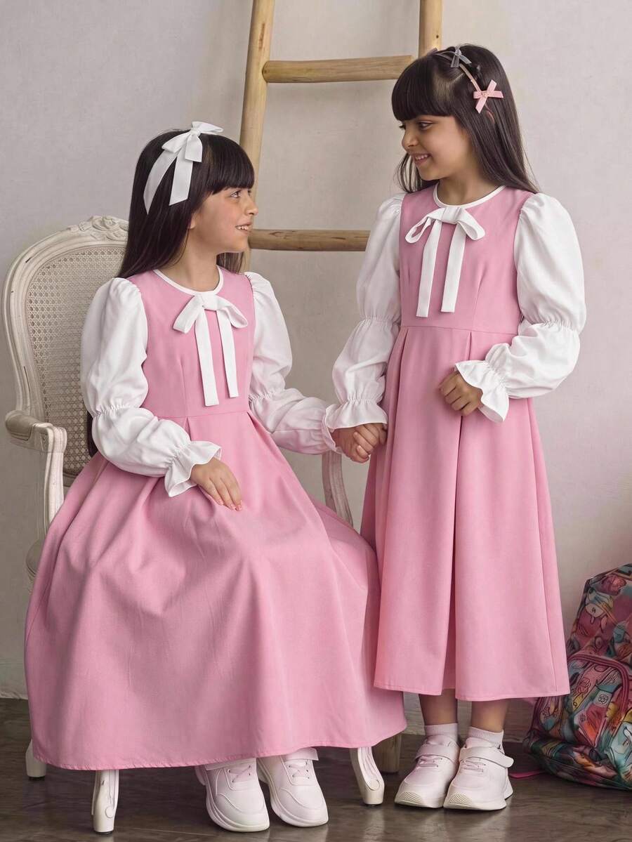 SHEIN Tween女孩優雅日常百搭舒適拼接對比色蝴蝶結領長袖洋裝,小學校服圍裙裙 - 粉色 - 查看 1