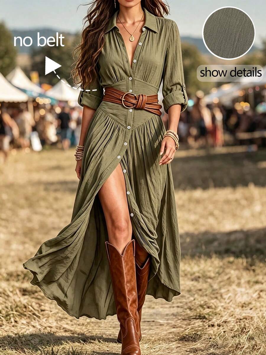 Hotletica Women's Collared Pleated Waist Single-Breasted Long Dress In Army Green - Army Green - View 1